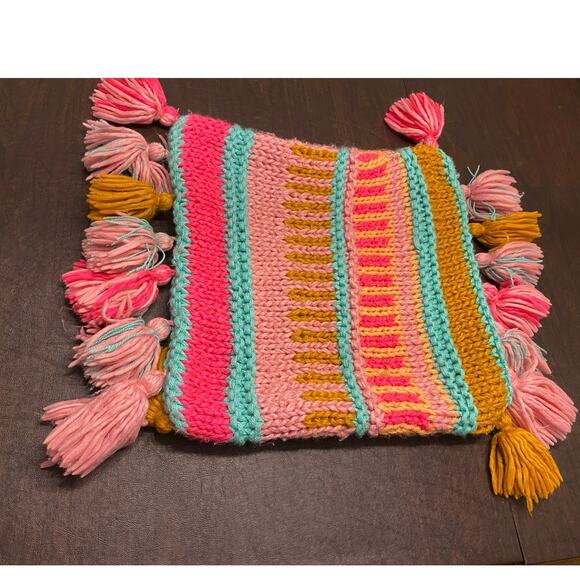 Knitted multicolored tasseled throw pillow cover 19x20 Hippie Boho Eclectic Fun - Picture 2 of 7